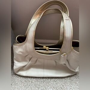 Coach Leather Ergo Pleated Satchel Shoulder Bag Ivory & Gold.
